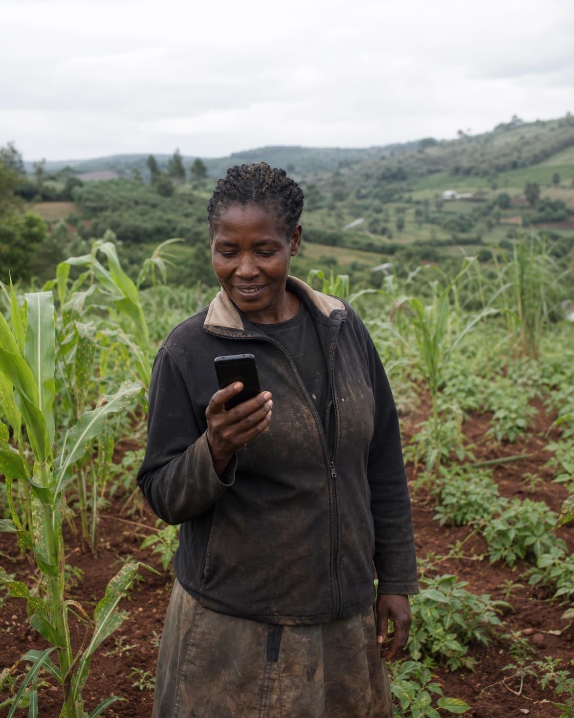 A Kenyan farmer using a phone in the field